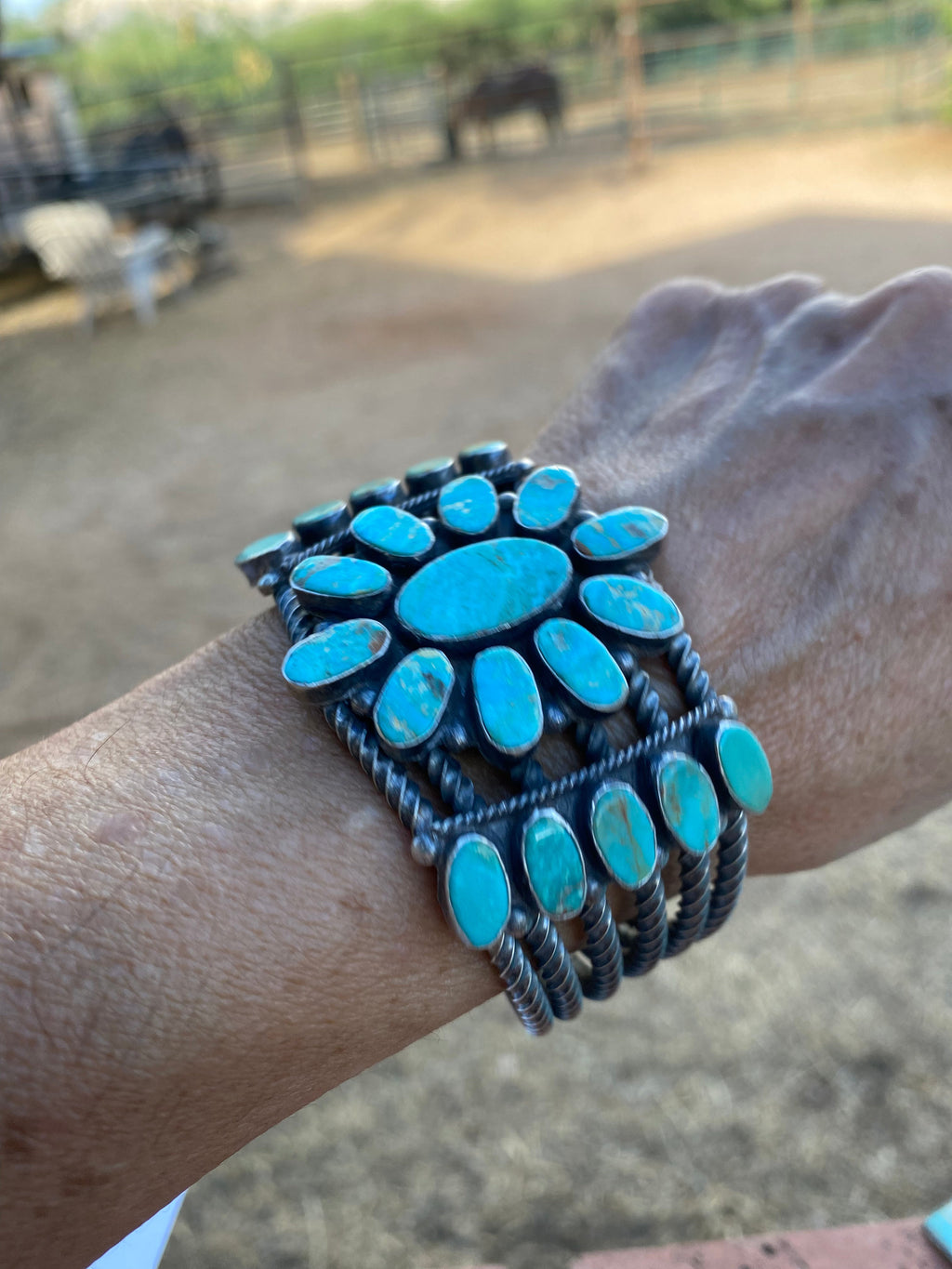 Handcrafted Jacqueline Silver Royston Turquoise & Sterling Cluster Cuff /