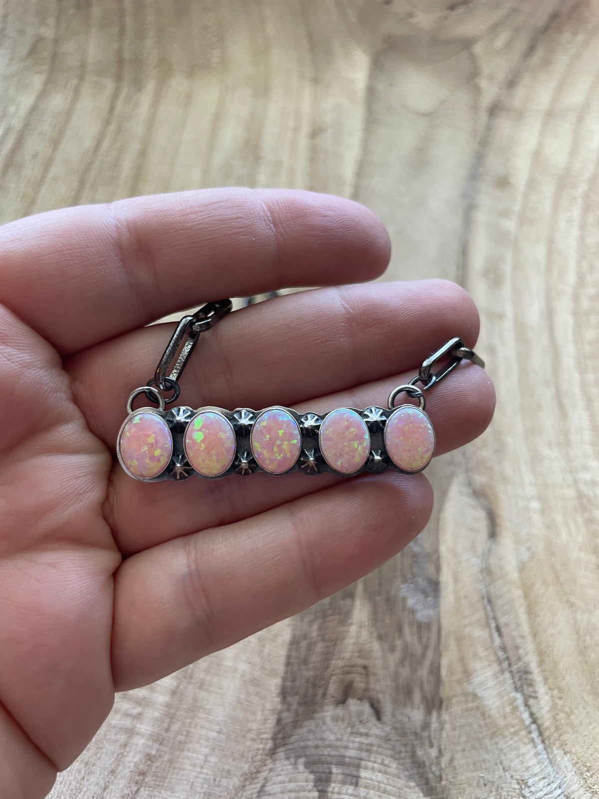 Handcrafted Sterling Silver & Pink Opal Bar Necklace 16 inch Signed