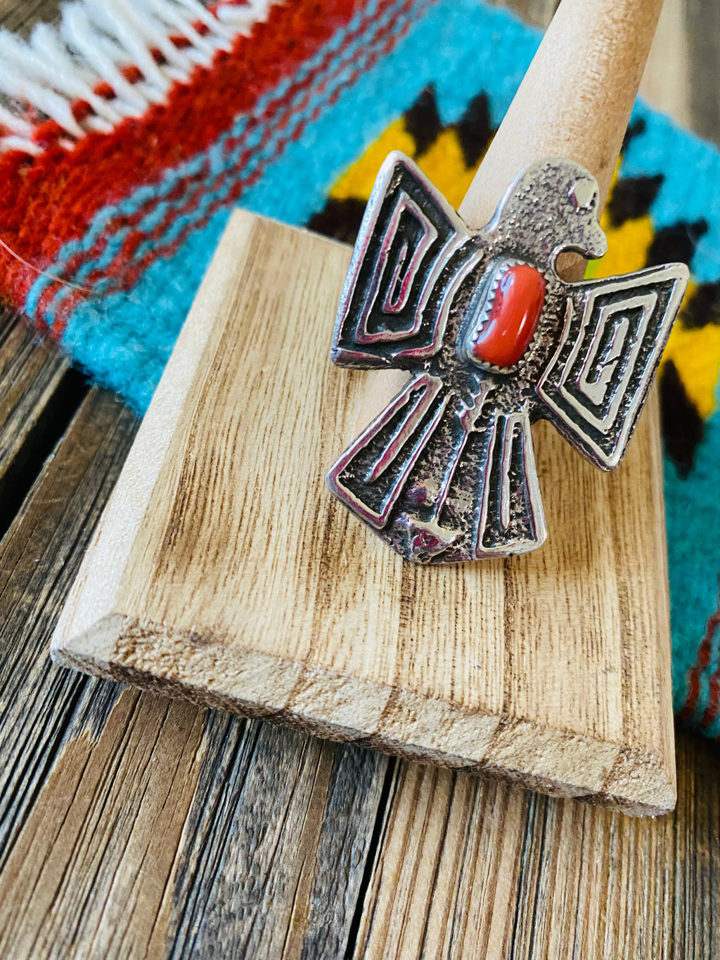 Handcrafted Sterling Silver & Coral Thunderbird Ring