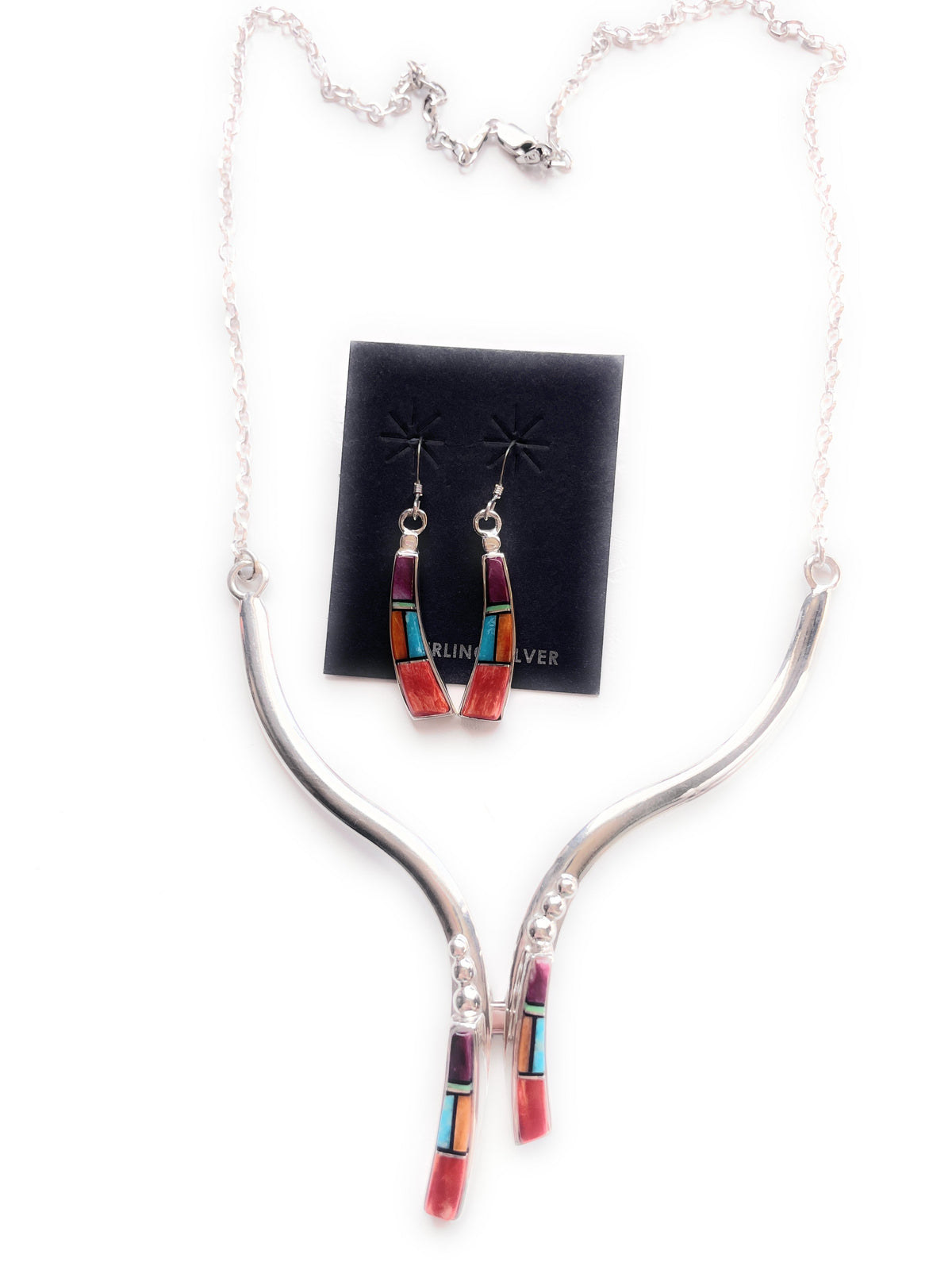 Handcrafted Sterling Silver & Multi Stone Inaly Necklace Earrings Set Signed