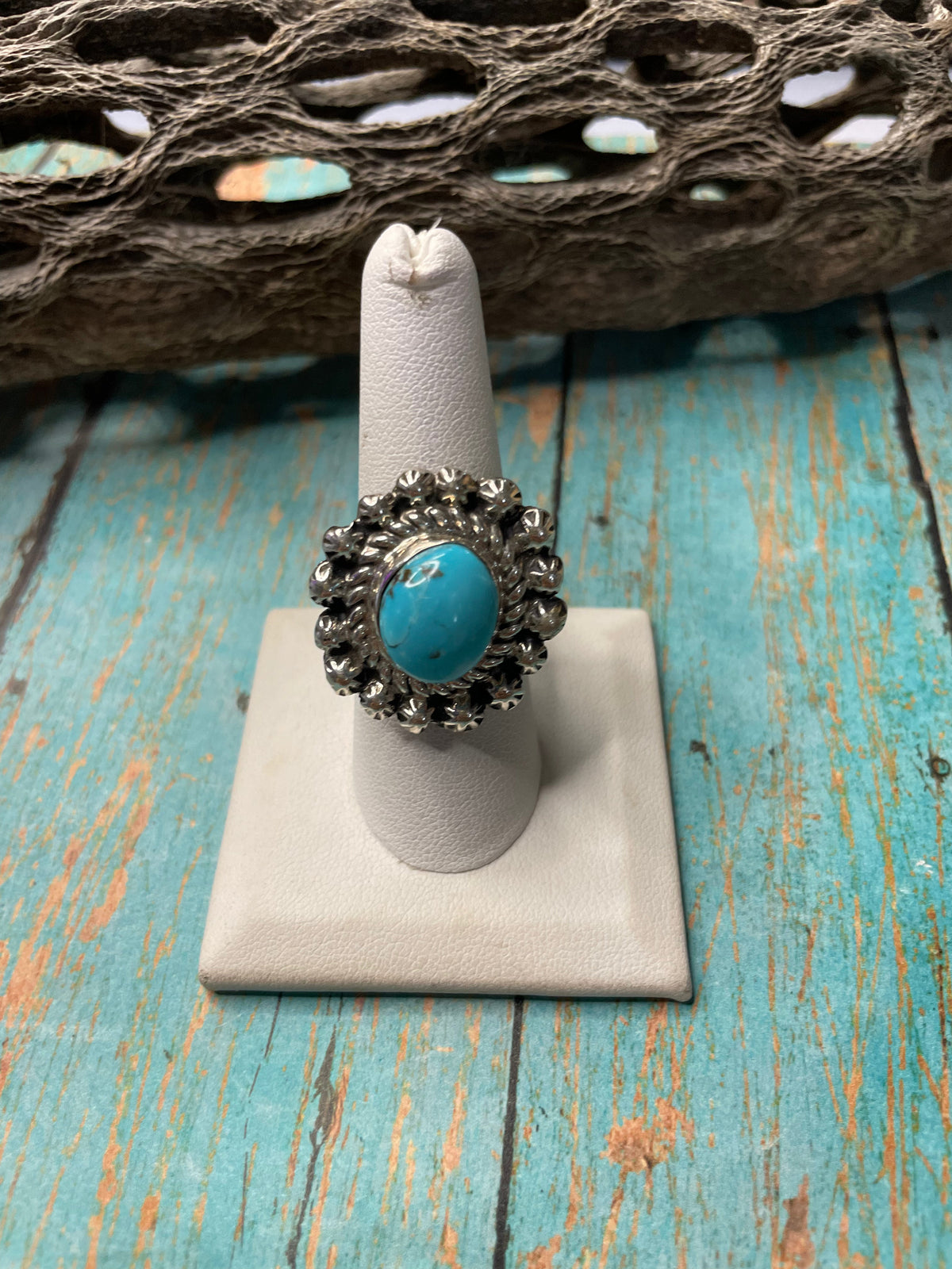 Old Pawn Handcrafted Sterling Silver & Turquoise Ring Size 7.5
