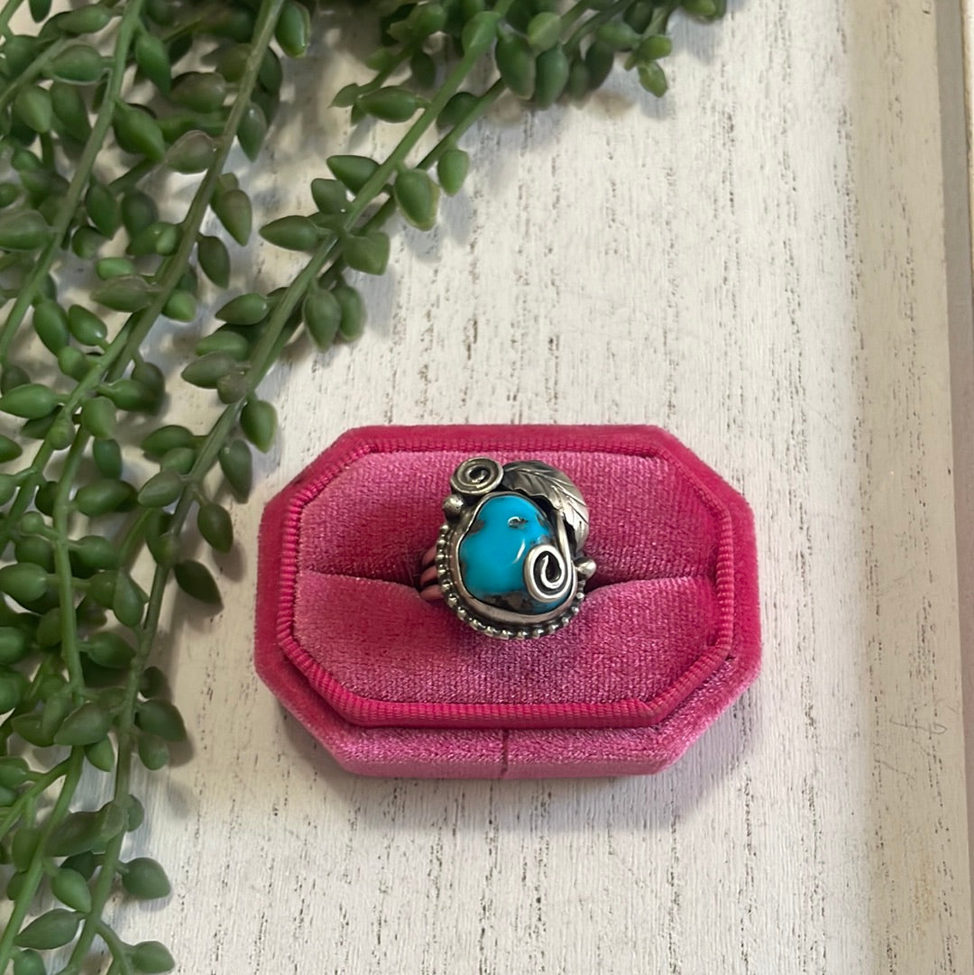 Handcrafted Turquoise & Sterling Silver Feather Ring Signed Size 8.75