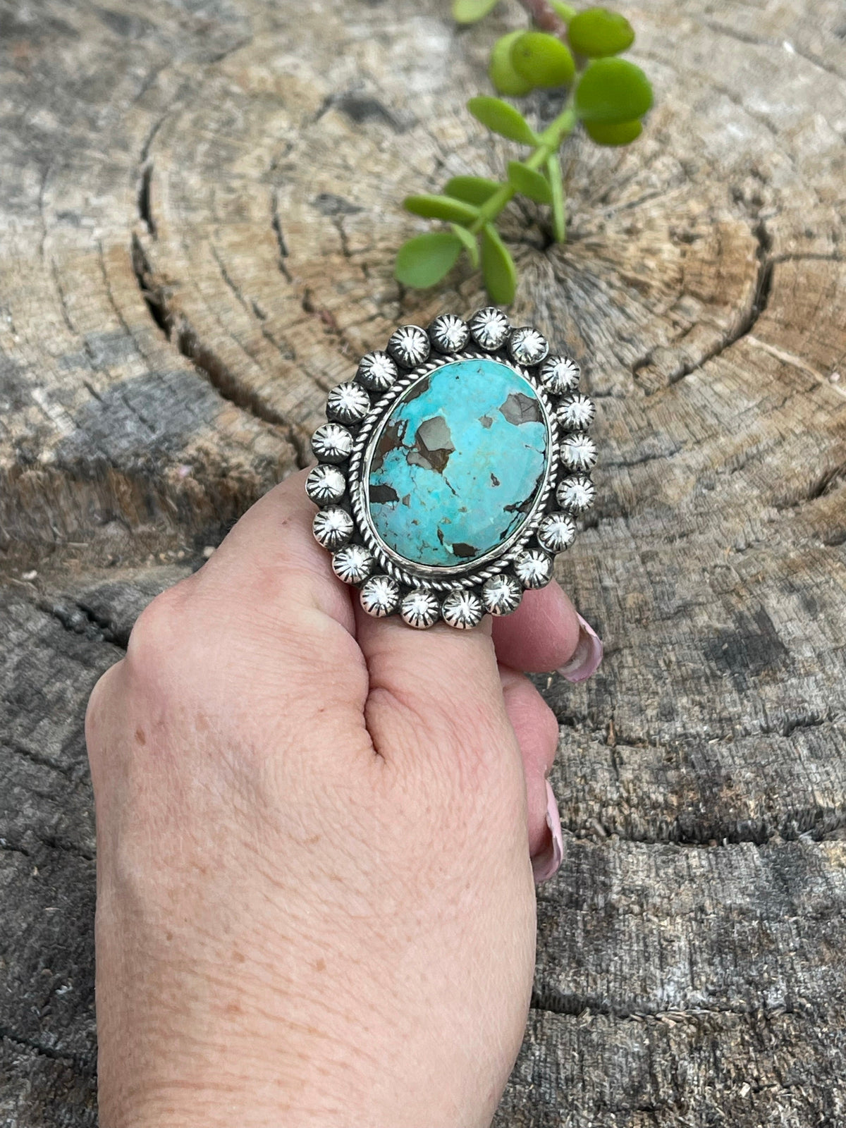 Handcrafted Sterling Silver Turquoise Oval Ring Sz 8