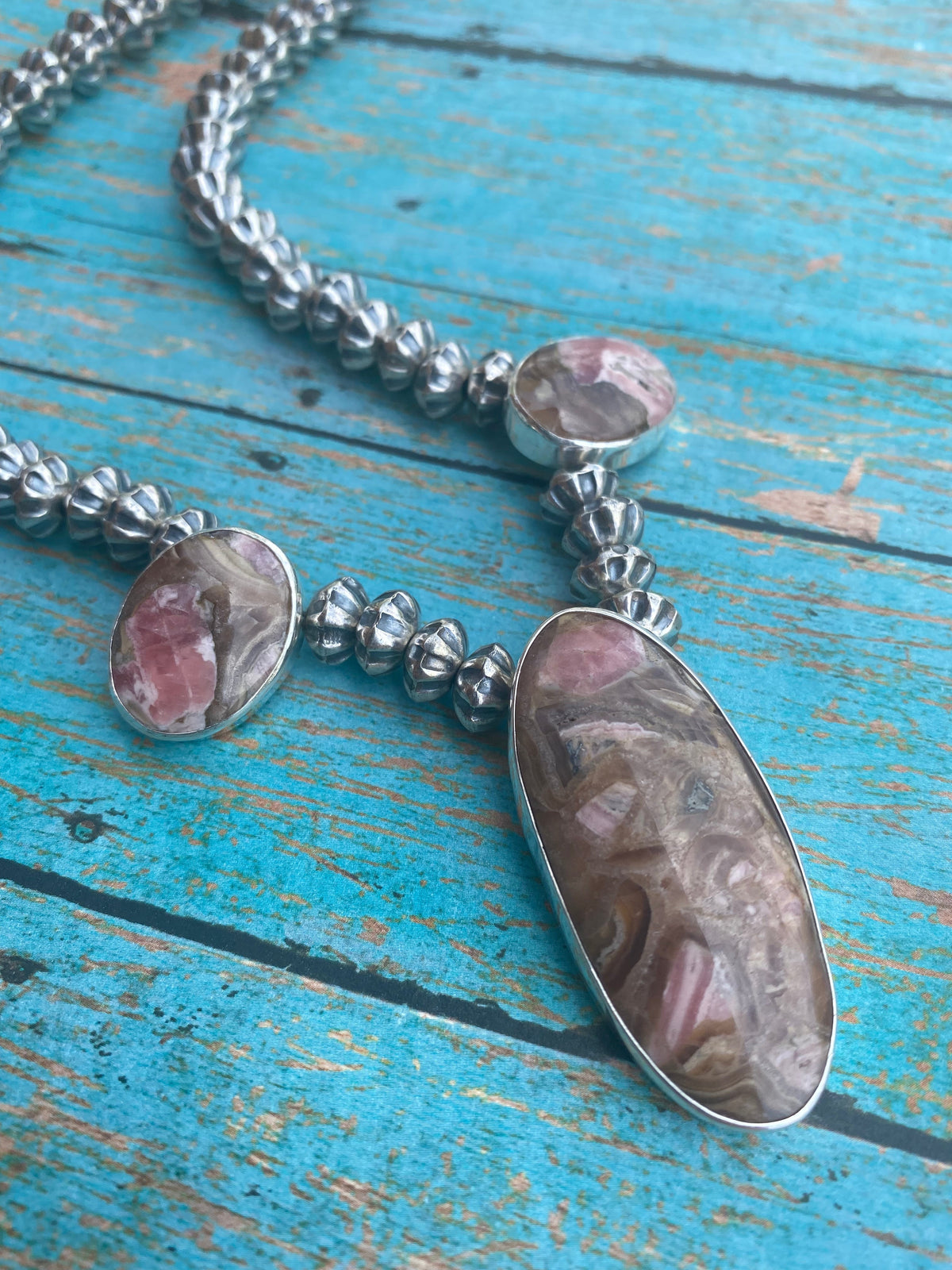 Handcrafted Rhodonite & Sterling Silver Beaded Necklace Set