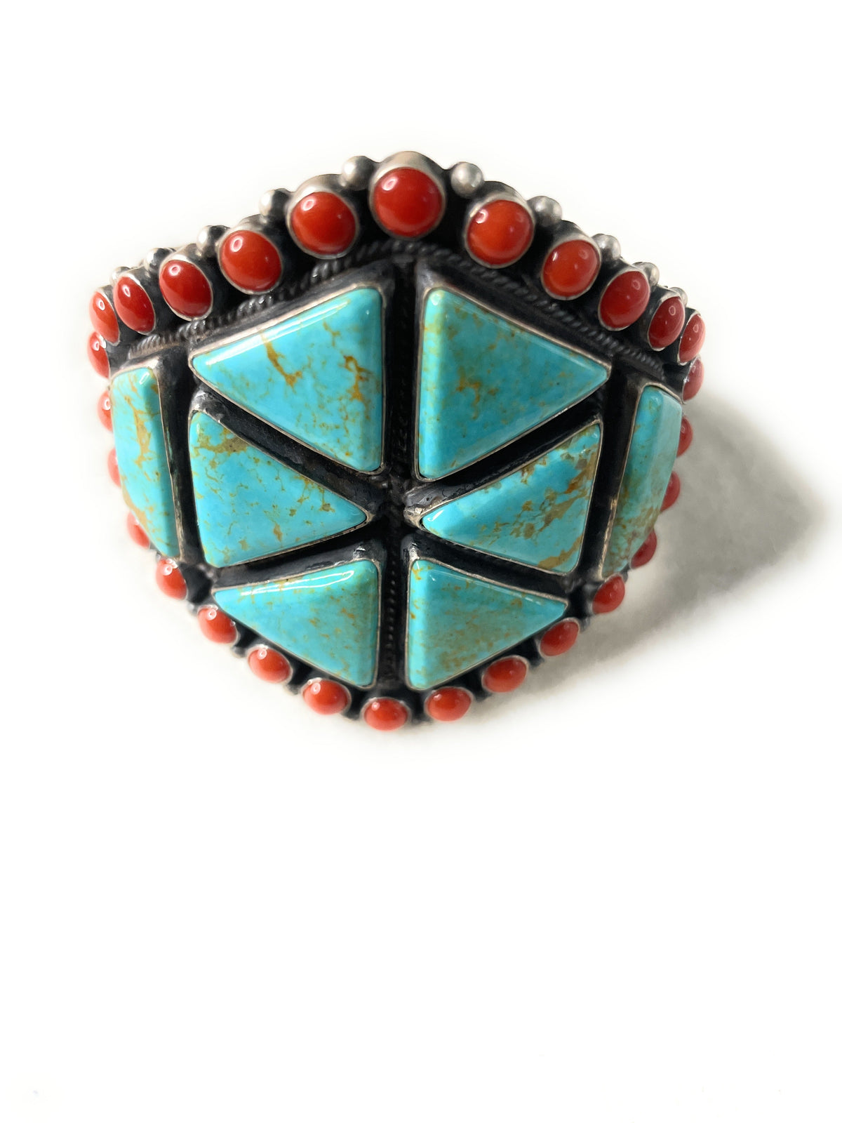 Anthony Skeets Handcrafted Turquoise, Coral & Sterling Silver Cuff Bracelet Signed /