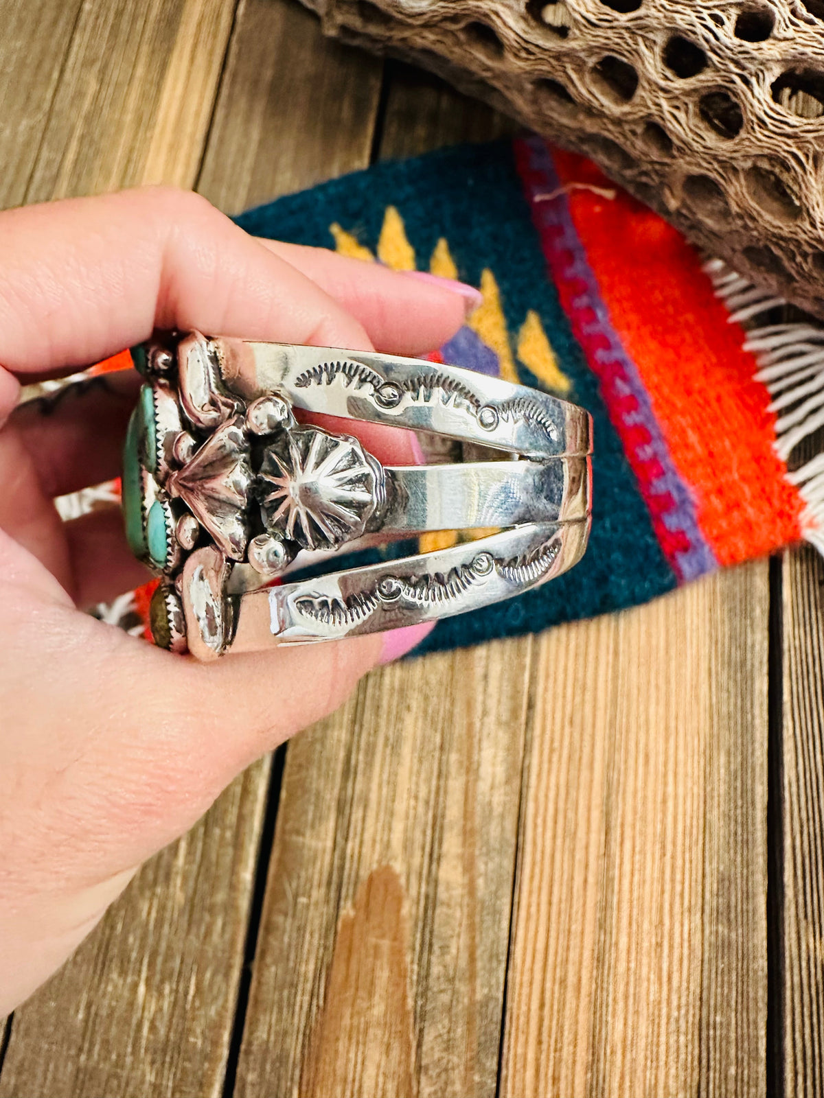 Handcrafted Old Pawn Turquoise, Coral & Sterling Silver Cuff Bracelet /