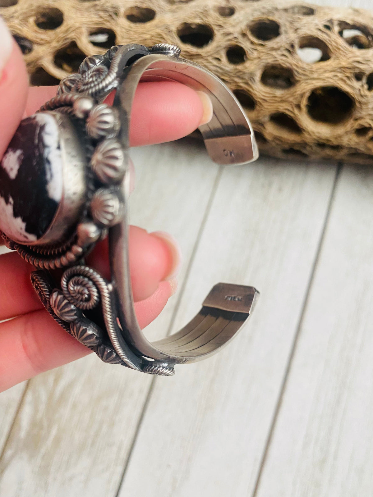 White Buffalo & Sterling Silver Cuff Bracelet Signed /