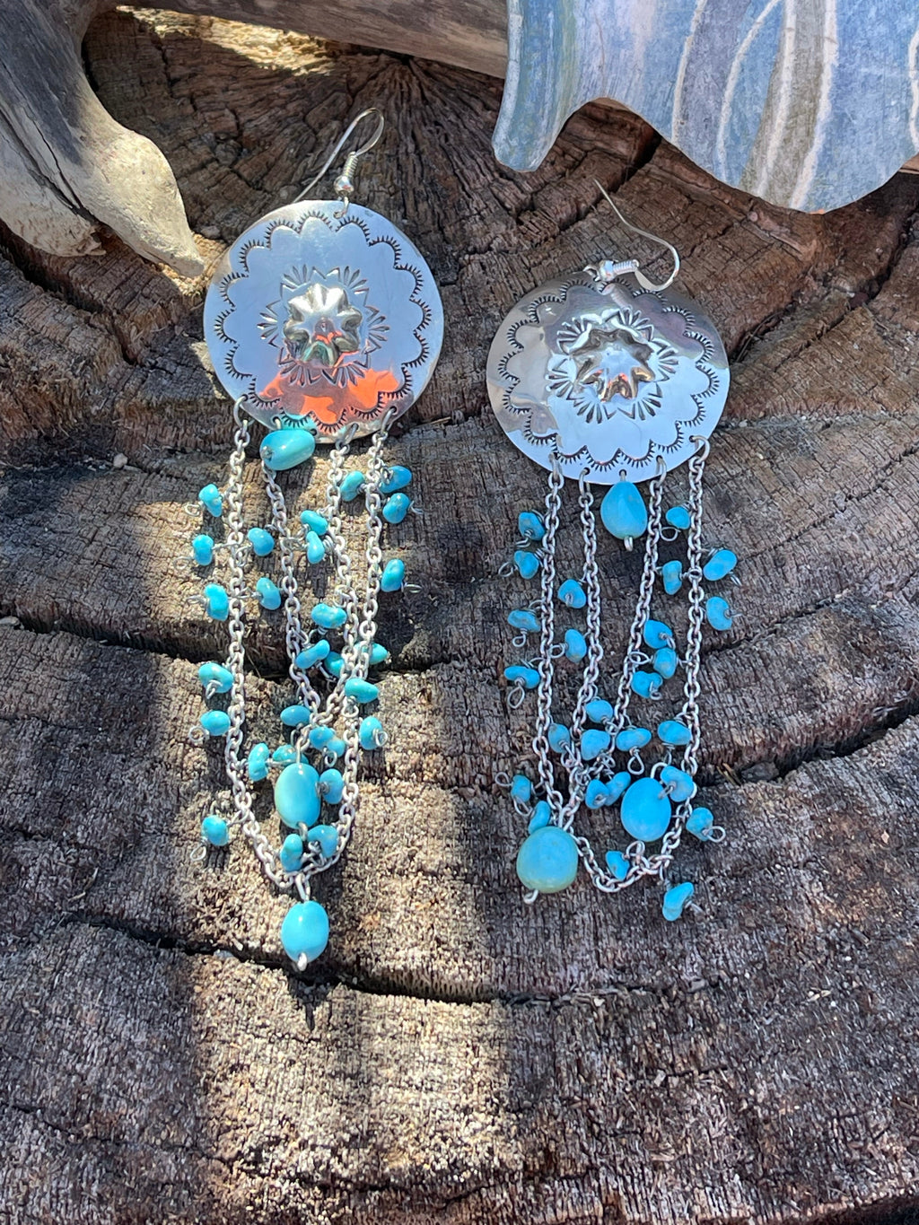 Sterling Silver Turquoise Concho Chain Dangle Earrings