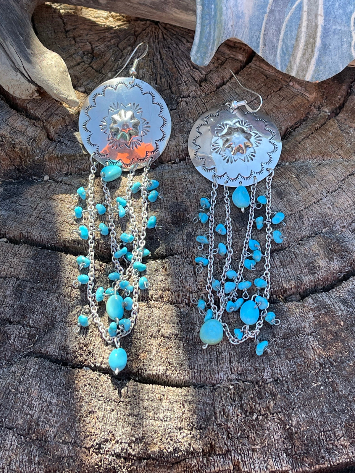 Sterling Silver Turquoise Concho Chain Dangle Earrings