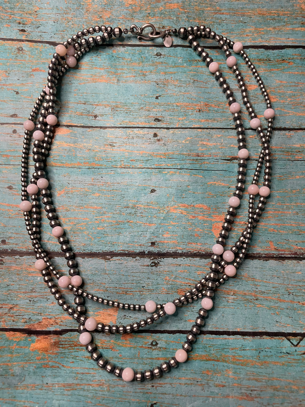 Handcrafted Pink Conch & Sterling Silver 3 Strand Beaded Necklace 20”