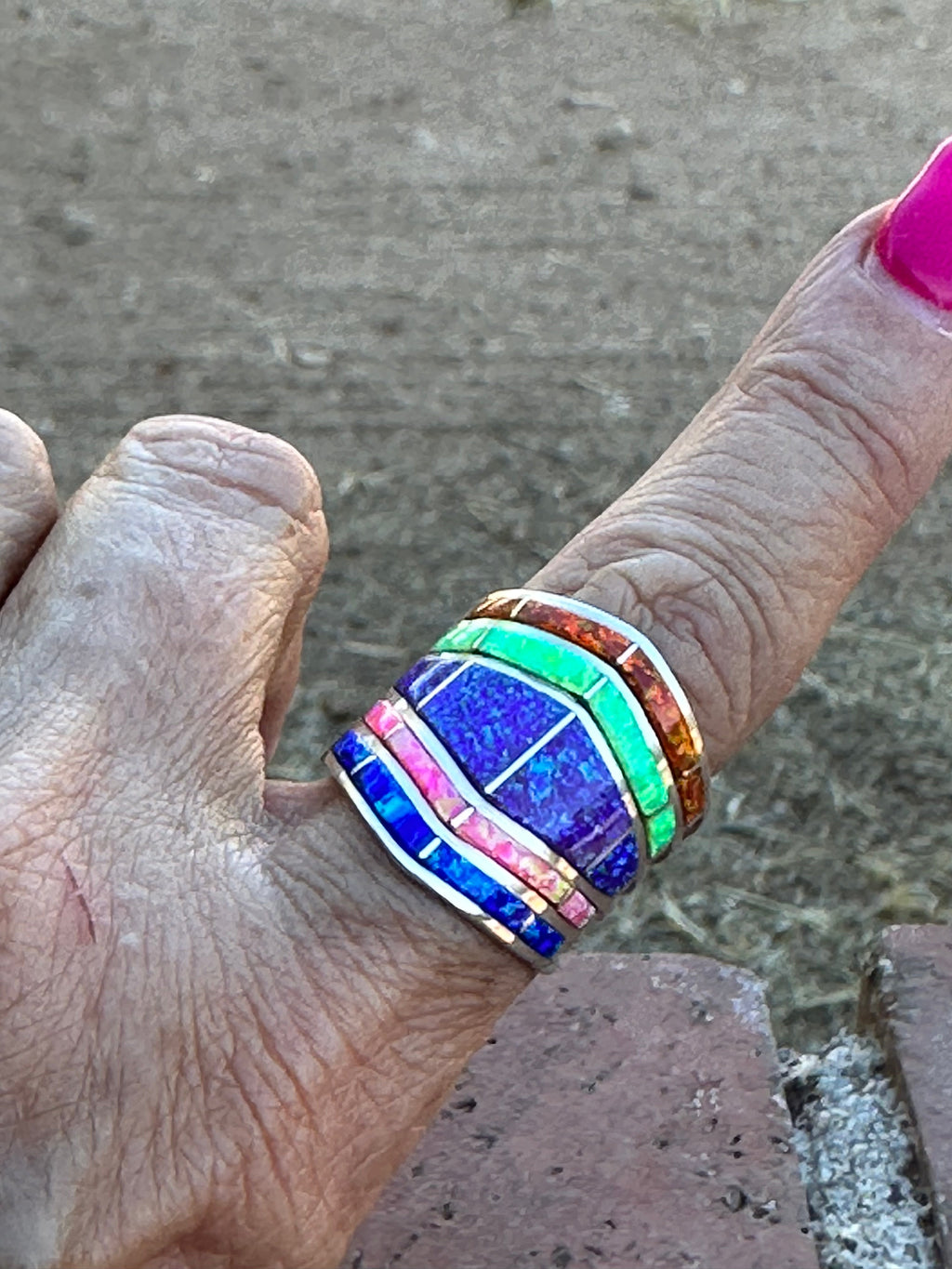 Handcrafted Sterling Silver Tri Color Opal Inlay  Stacker Ring