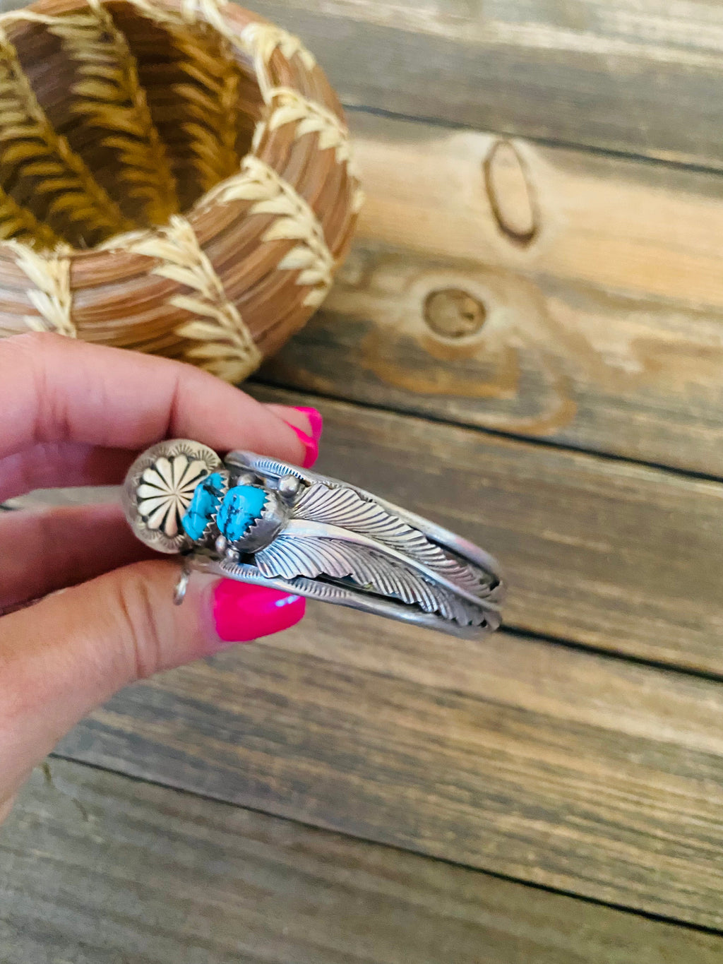 Old Pawn Vintage Handcrafted Turquoise & Sterling Silver Watch Cuff Signed
