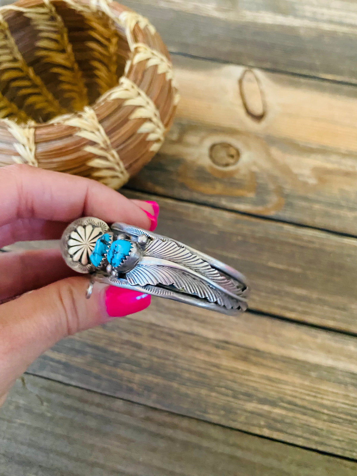 Old Pawn Vintage Handcrafted Turquoise & Sterling Silver Watch Cuff Signed