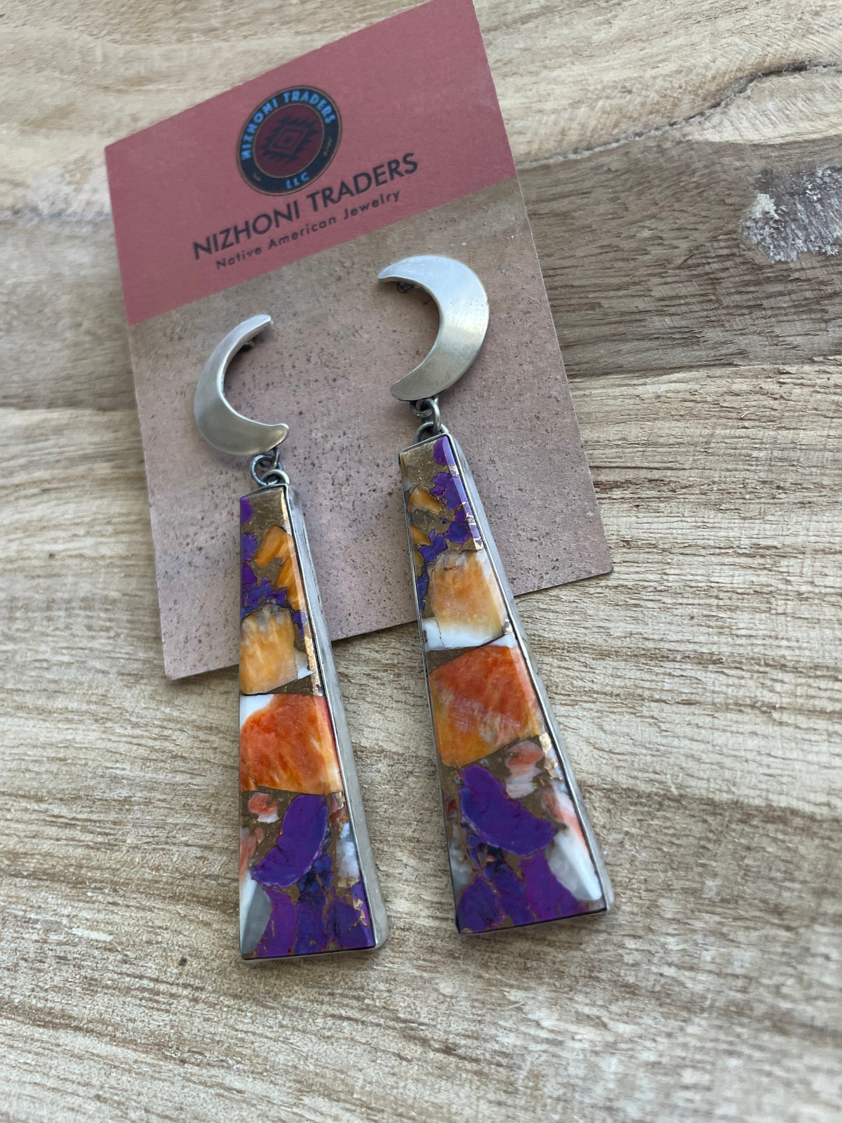 Handcrafted Sterling Silver & Purple Dream Slab Moon Dangle Earrings Signed