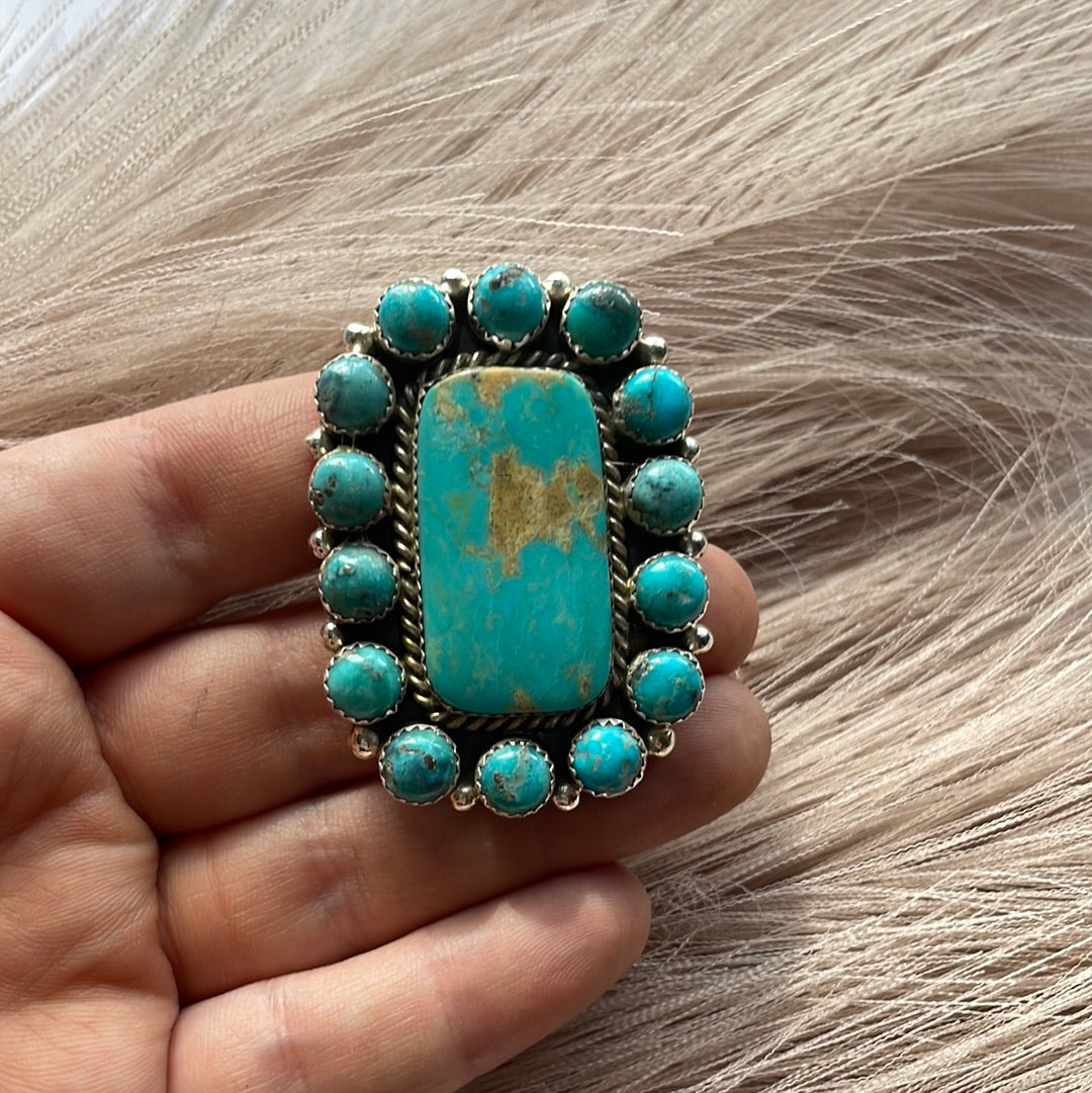 Handcrafted Turquoise & Sterling Silver Ring Size 7.5 Signed Robert Shakey