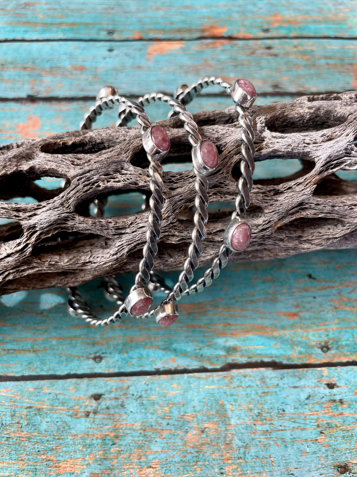 Handcrafted Rhondite And Sterling Silver Bangle Bracelet