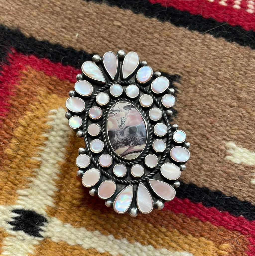 Handcrafted Sterling Silver, Rhodonite, Pink Conch Cluster Statement Ring Size 8 Signed