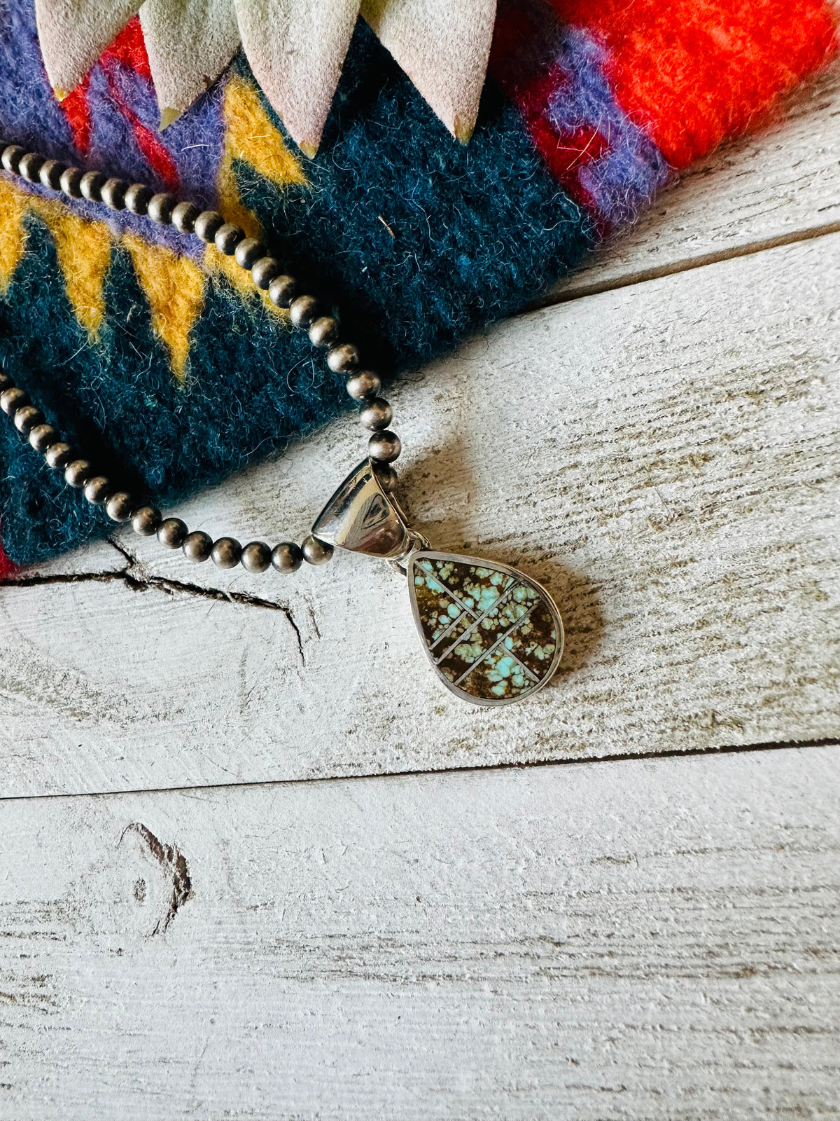Handcrafted Number 8 Turquoise & Sterling Silver Teardrop Inlay Pendant