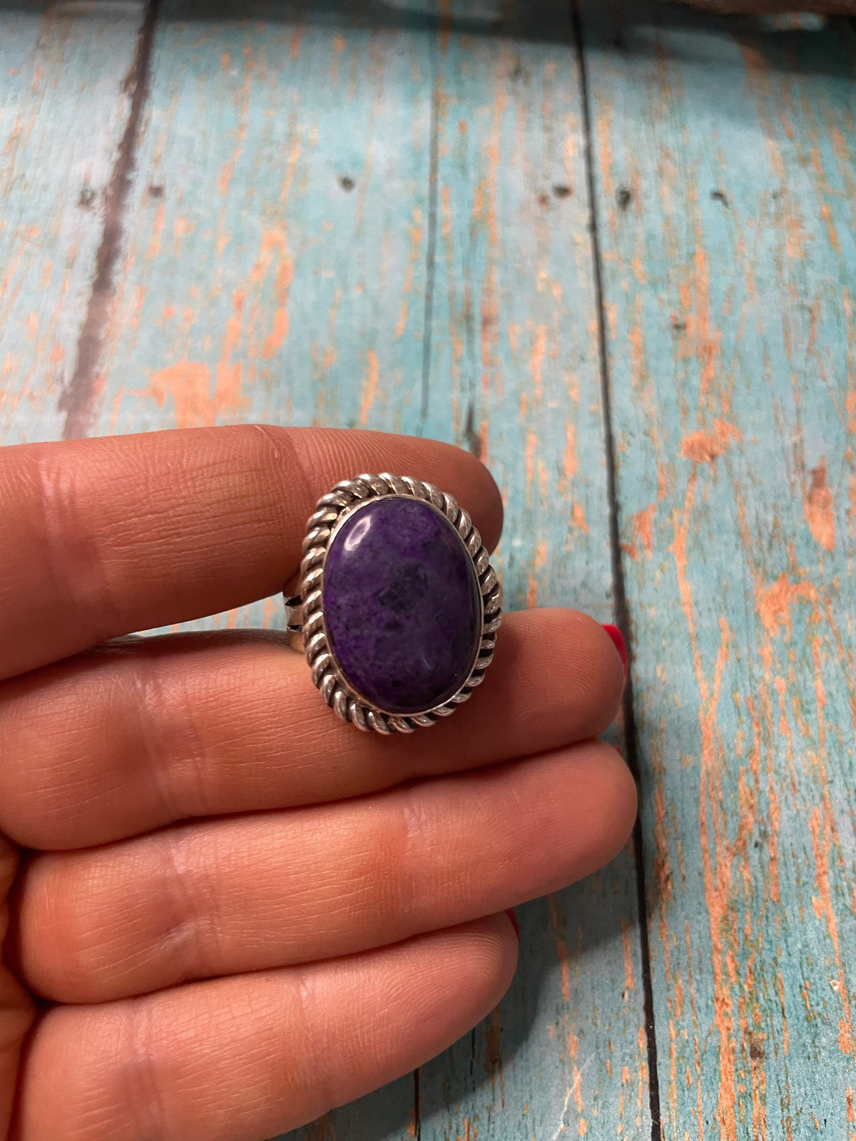 Old Pawn Handcrafted Sterling Silver & Charorite Ring Size 7.5
