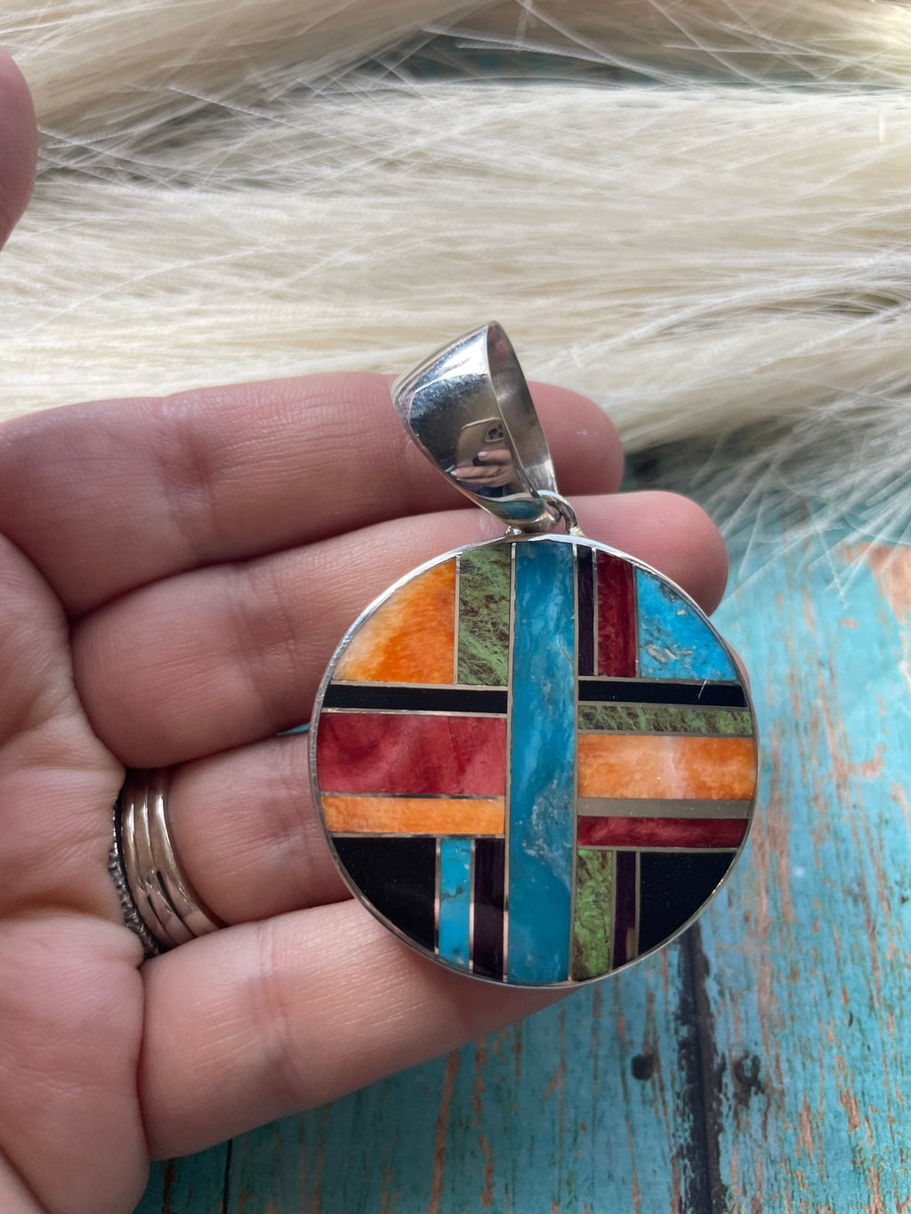 Handcrafted Multi Stone Inlay & Sterling Silver Circle Pendant