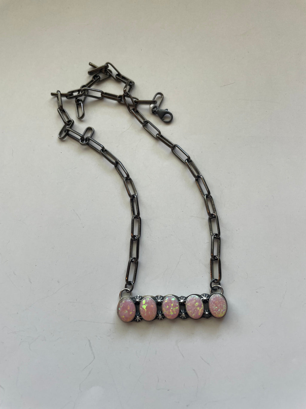 Handcrafted Sterling Silver & Pink Opal Bar Necklace 16 inch Signed