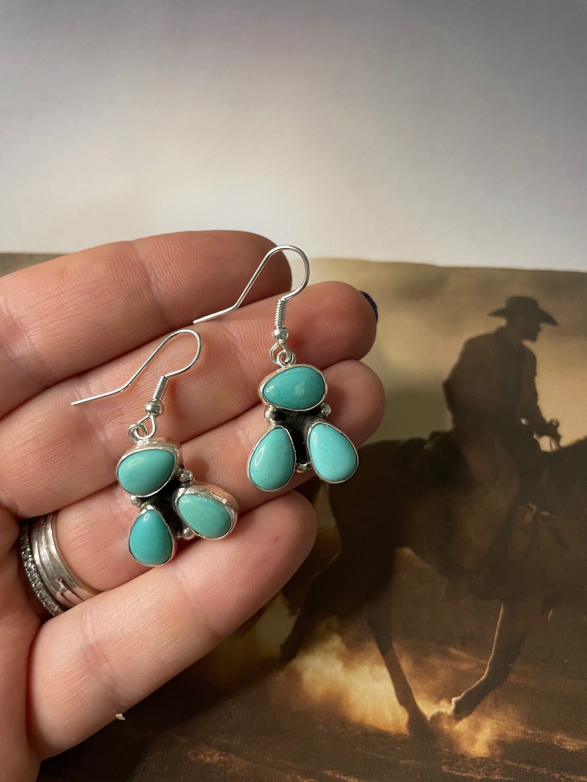 Handcrafted Turquoise And Sterling Silver 3 Stone Dangle Earrings Signed