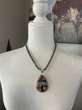 Handcrafted Multi Stone Inlay & Sterling Silver Pendant Signed LK