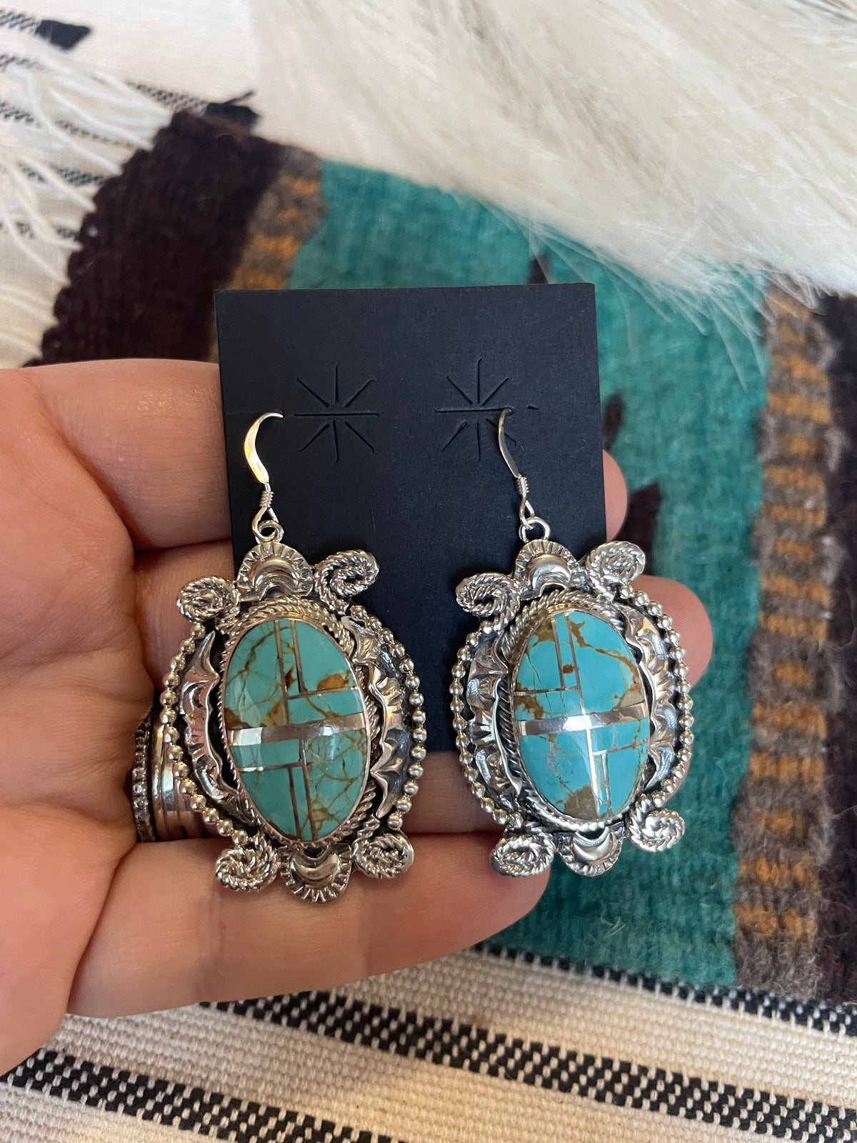 Handcrafted Number 8 Turquoise & Sterling Silver Dangle Earrings Signed