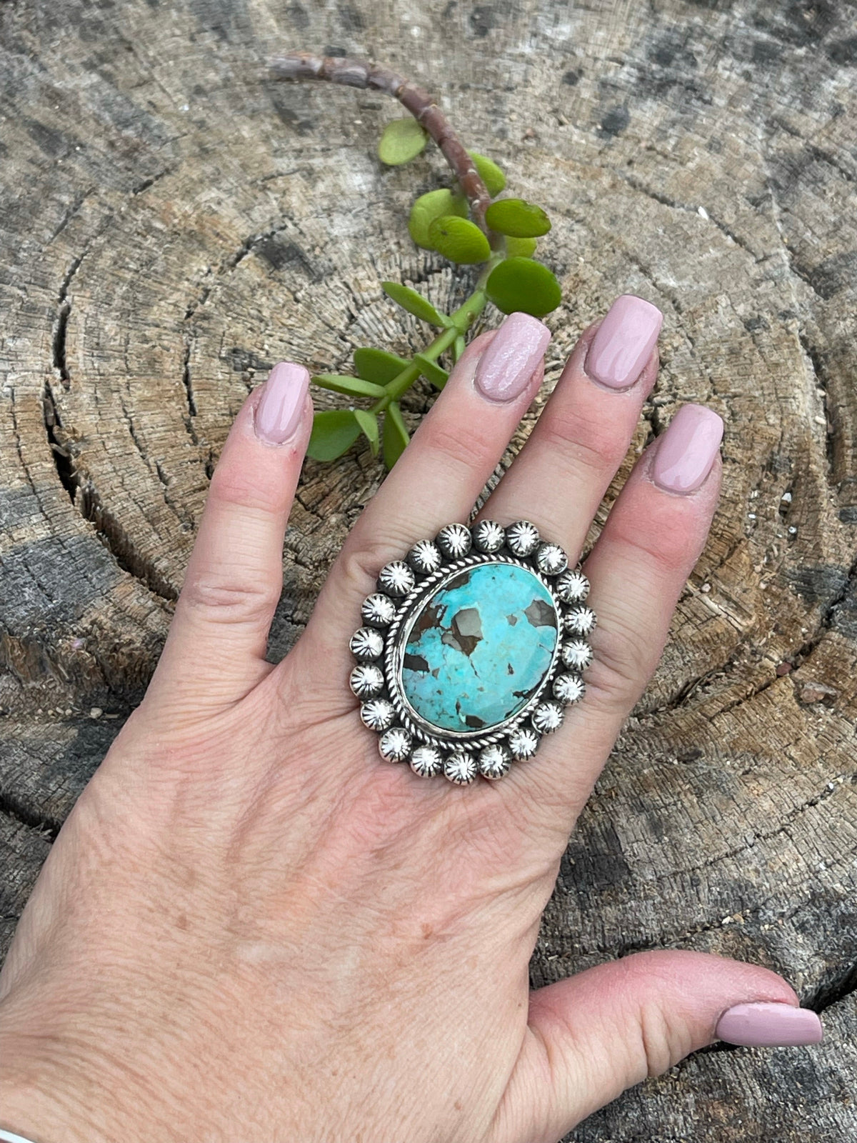 Handcrafted Sterling Silver Turquoise Oval Ring Sz 8