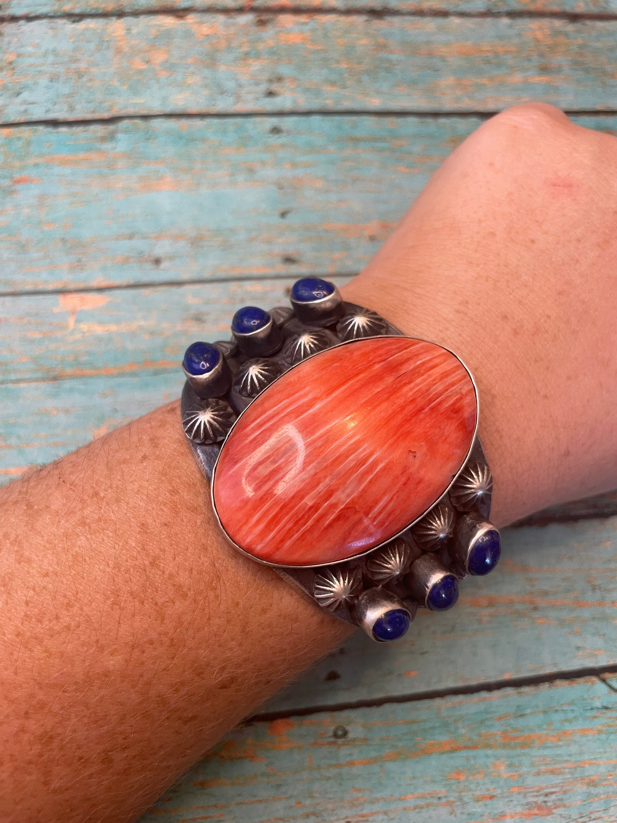 Chimney Butte Handcrafted Orange Spiny And Lapis Sterling Silver Cuff Bracelet Signed