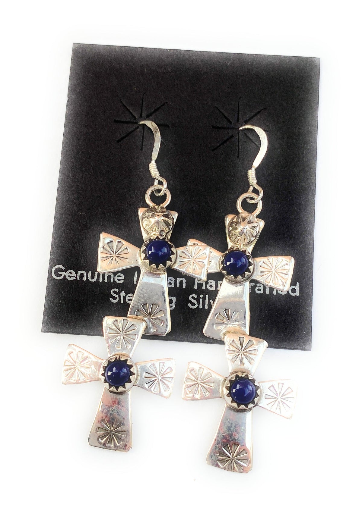 Handcrafted & Hand Stamped Sterling Silver & Lapis Double Cross Dangle Earrings