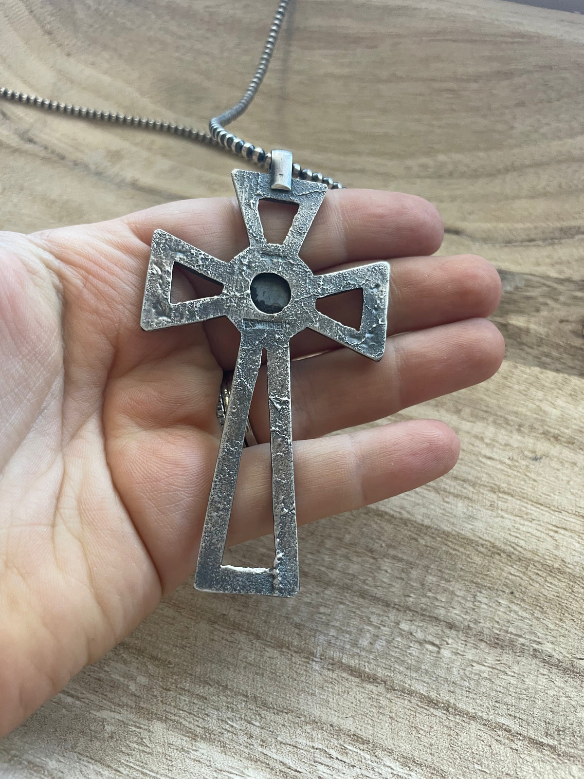Handcrafted Sterling Silver & Turquoise Cross Pendant Signed Eugene Mitchell
