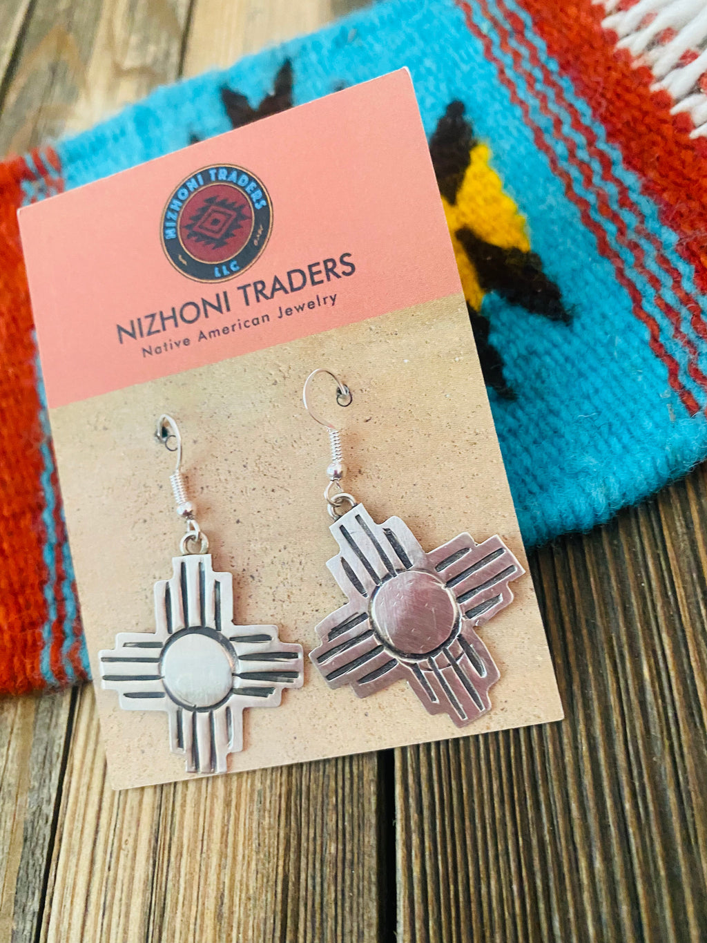 Handcrafted Hand Stamped Sterling Silver Zia Cross Dangle Earrings Signed