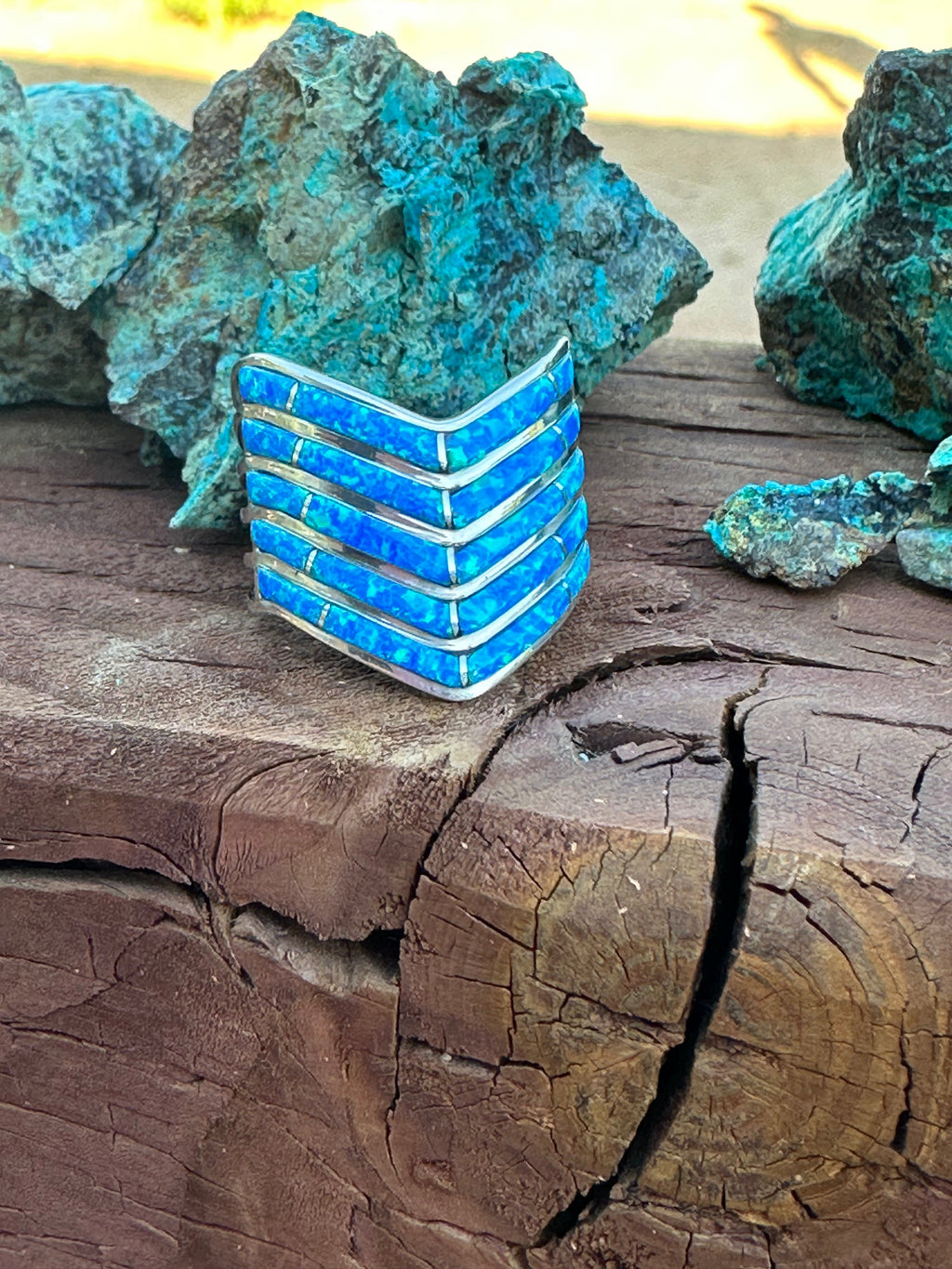 Handcrafted 5 Row Sterling Silver & Blue Opal Inlay Stacker Ring
