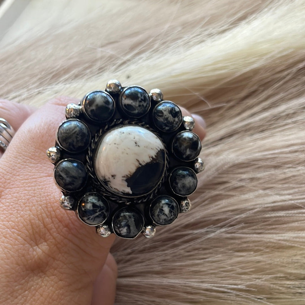 Handcrafted Sterling Silver & White Buffalo Adjustable Ring Signed