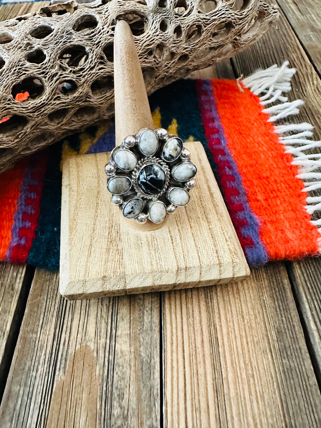 Handcrafted Sterling Silver And White Buffalo Cluster Adjustable Ring