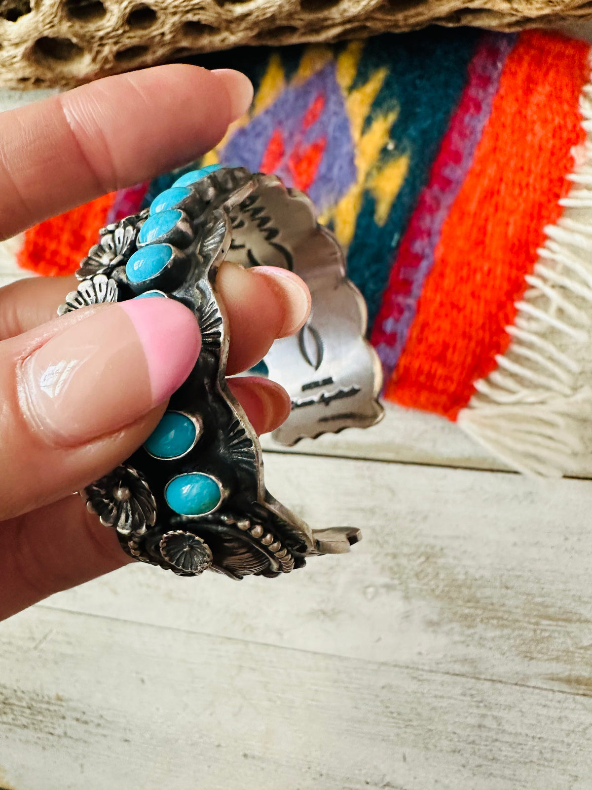 Handcrafted Turquoise & Sterling Silver Flower Cuff Bracelet /