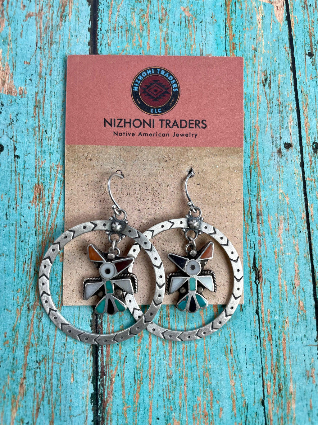 Vintage Old Pawn Handcrafted Thunderbird Sterling Silver Hoop Dangle Earrings