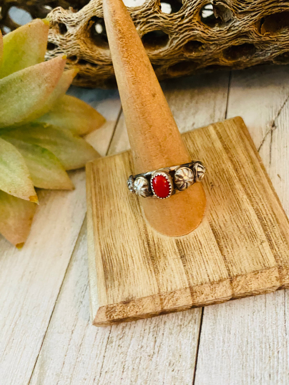 Handcrafted Coral and Sterling Silver Concho Band Ring
