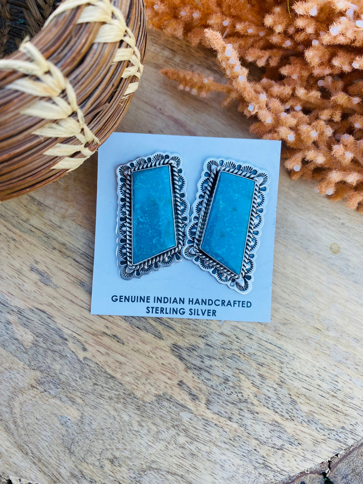 Handcrafted Vintage Turquoise & Sterling Silver Post Earrings Signed