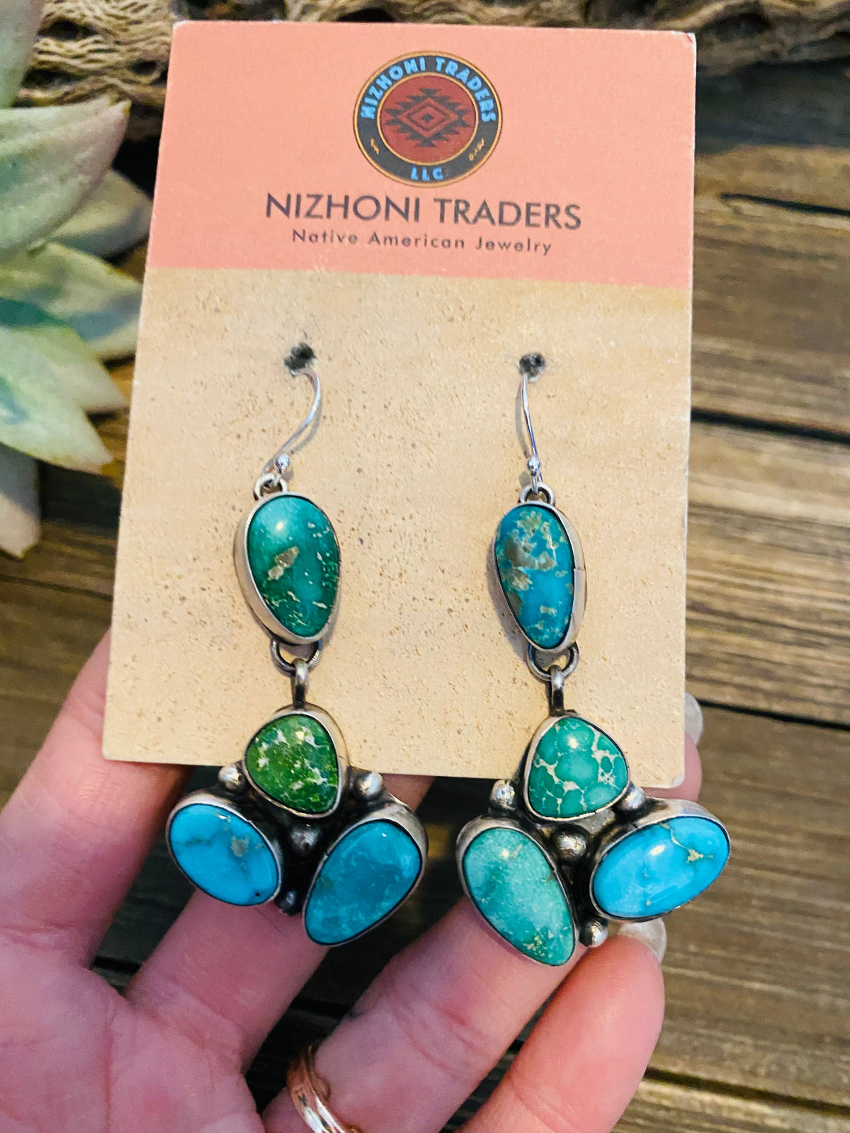 Handcrafted Multi Turquoise & Sterling Silver Cluster Dangle Earrings