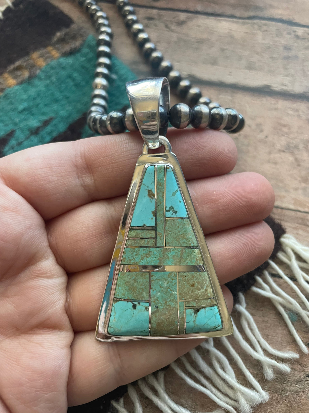 Handcrafted Number 8 Turquoise Inlay & Sterling Silver Triangle Pendant