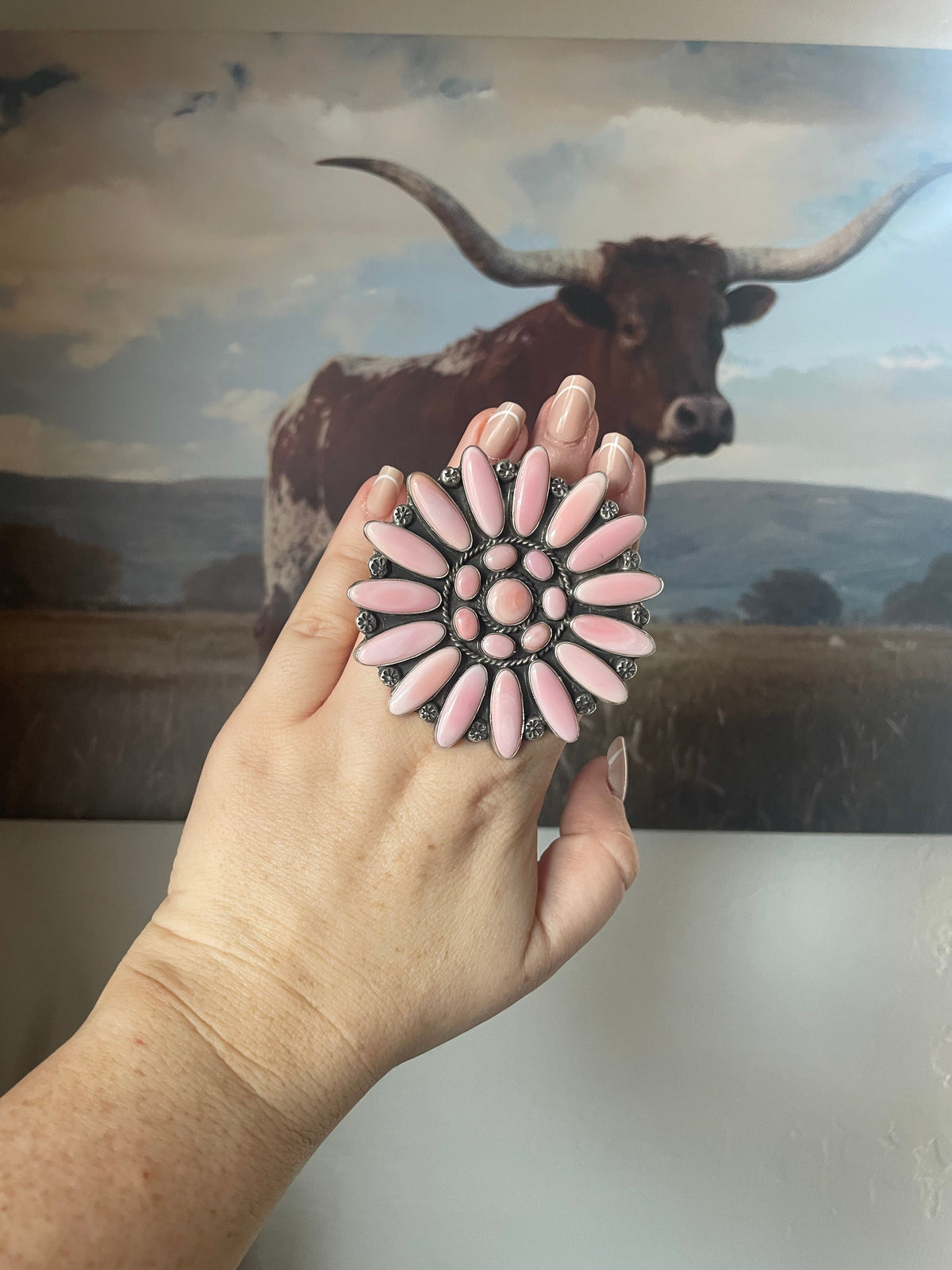 Handcrafted Sterling and Queen Pink Conch Shell Adjustable Statement Ring Signed C Yazzie