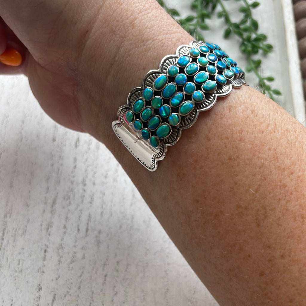 “The 4 Row Cuff” Sterling Silver Blue Fire Opal Cuff Bracelet /