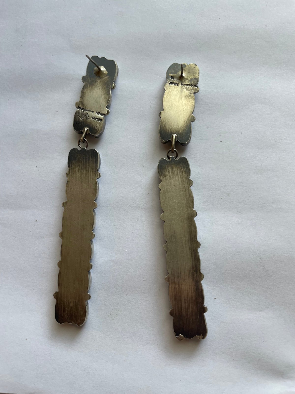 Handcrafted Jacqueline Silver White Buffalo & Sterling Silver Dangle Earrings Signed