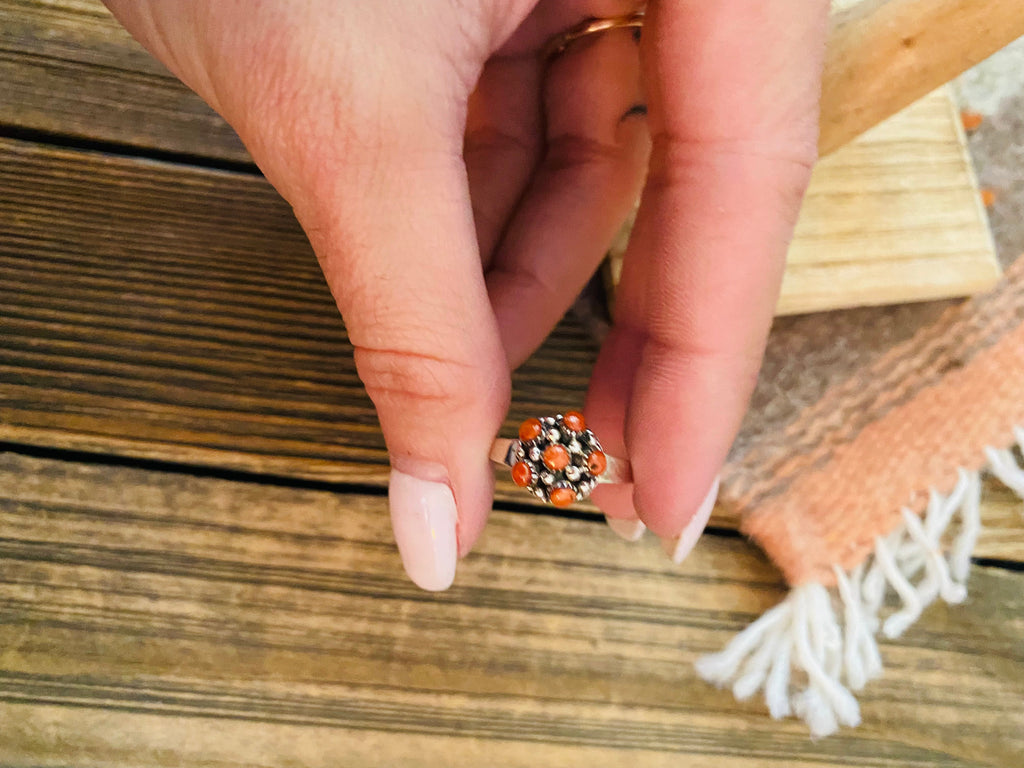 Handcrafted Sterling Silver & Red Coral Petit Point Ring