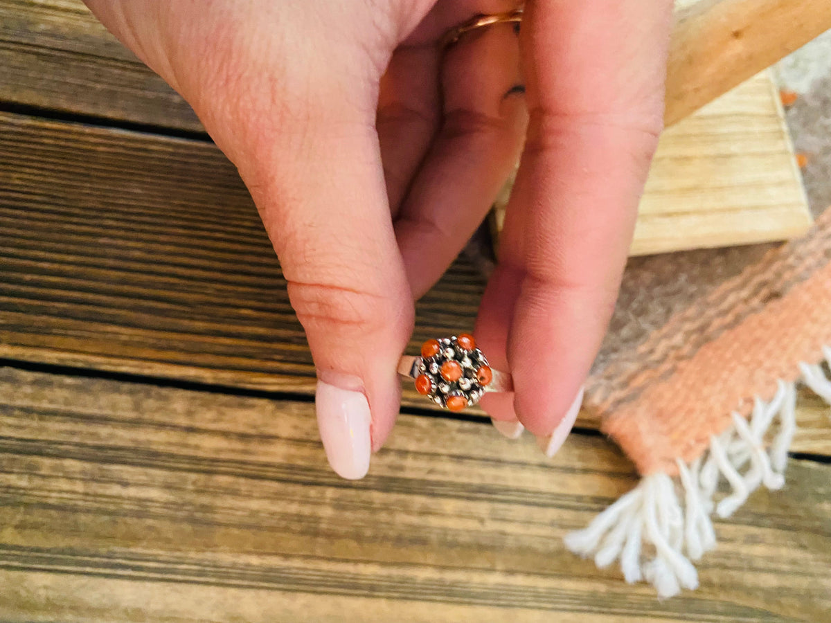 Handcrafted Sterling Silver & Red Coral Petit Point Ring