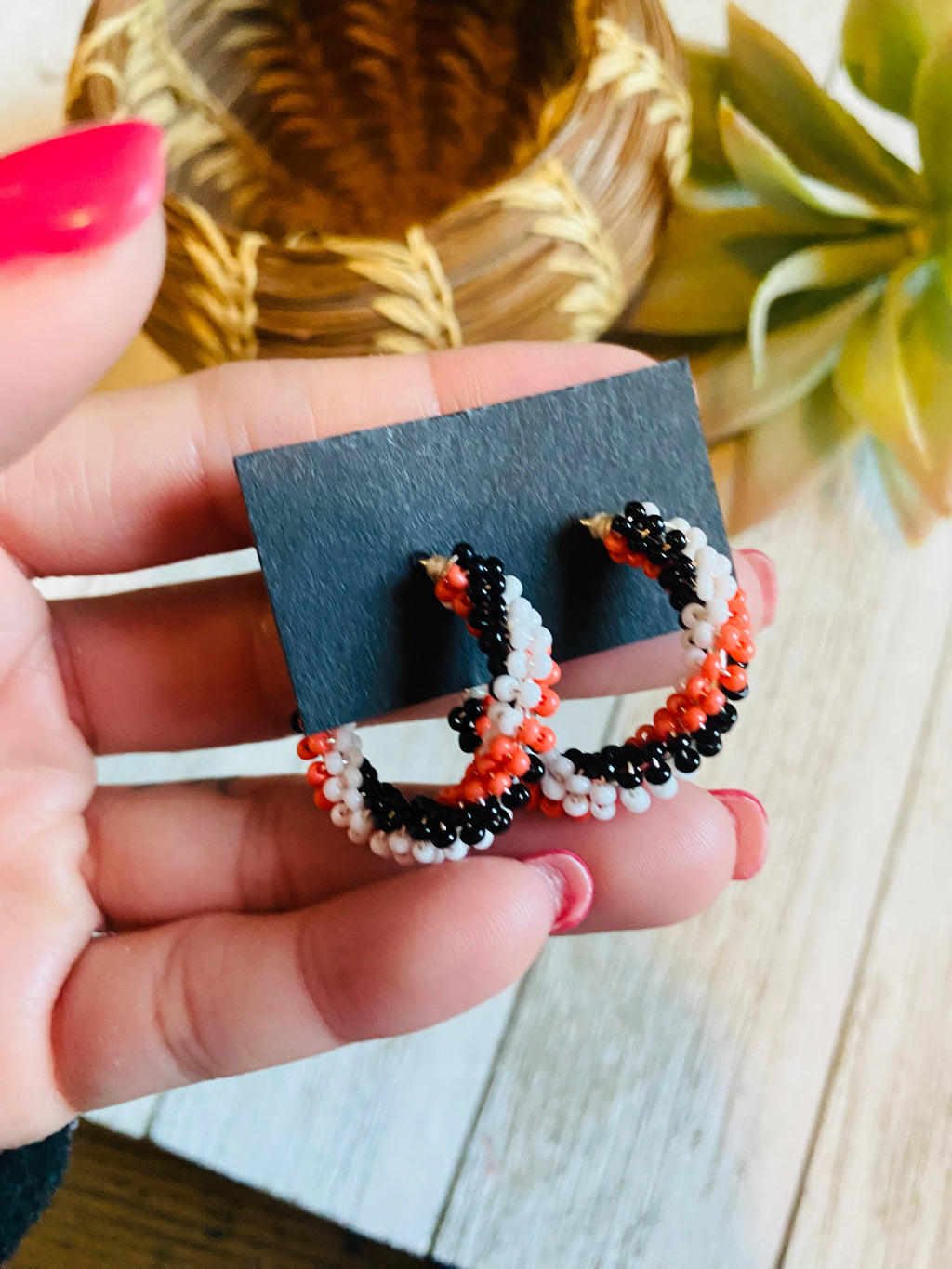 Handcrafted Handmade Beaded Hoop Earrings- orange