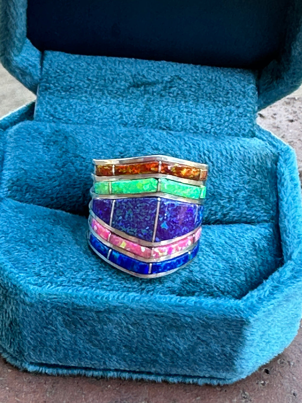 Handcrafted Sterling Silver Tri Color Opal Inlay  Stacker Ring