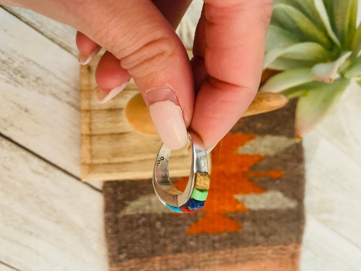 Handcrafted Sterling Silver & Multi Stone Inlay Band Ring Size 6.5